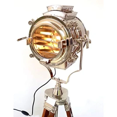 Image of Nautical Searchlight Spot Light Wooden Tripod Floor Lamp Stand