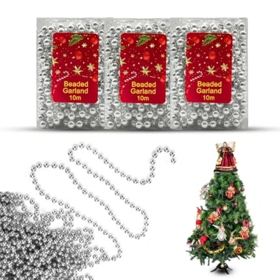 Image of 3x Silver 10M Christmas Bead Chains, Luxury Plastic Garland for Xmas Tree Ornaments, Shiny Shatterproof Garland, Party Decor, Traditional Holiday Decorations