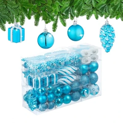 Image of Relaxdays Christmas Baubles Set of 72, Glittering, Matt &amp; Shiny Tree Decorations, Boots, Heart Cones, Plastic, Petrol, 24 x 38 12 cm