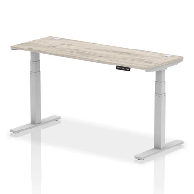 Image of Air 1600x600mm Height Adjustable Desk Grey Oak Cable Ports Silver Leg