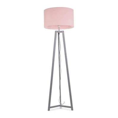 Image of Grey Wood Tripod Floor Lamp with Blush Pink Fabric Drum Lampshade Living Room Light LED Bulb Included