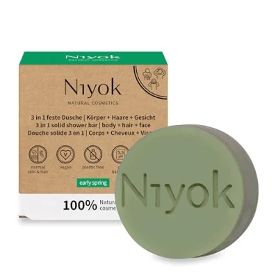 Image of Niyok® 3 in 1 Solid Shower Gel Shampoo Facial Cleansing Vegan Organic Plastic Free Normal to Fine Hair Like Soap Only Skin Neutral pH 5.5 Natural Cosmetics Early Spring (80 g)