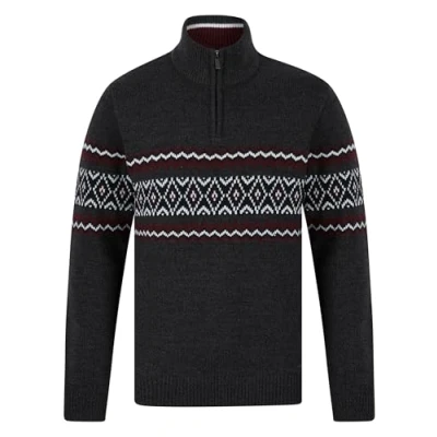 Image of Tokyo Laundry Men&#039;s Quarter Zip Nordic Fair Isle Knit Funnel Neck Jumper Charcoal