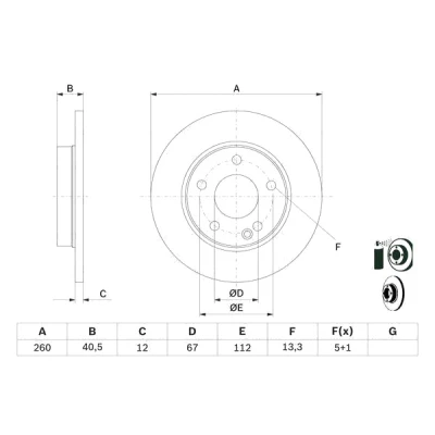 Image of 1684210112, A1684210112 Brake disc BOSCH 0 986 478 874 260mm 12mm 5 112mm solid Coated MERCEDES BENZ: A Class