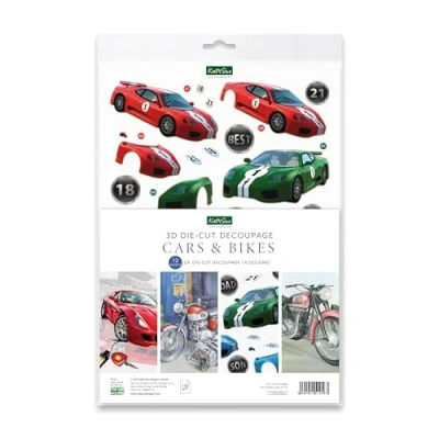 Image of Katy Sue Designs Fast Cars &amp; Motorbikes 3D Die Cut Decoupage Sheets for Card Making. A Pack of 12 Pre Cuts Making Supplies Your Kits