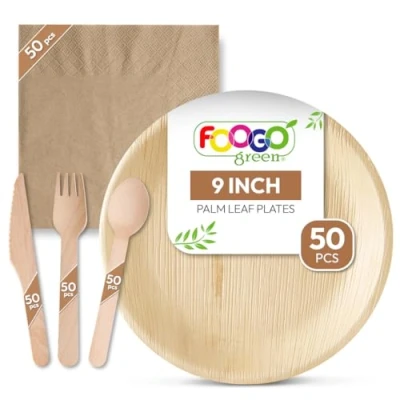 Image of FOOGO Green 250pcs Disposable Palm Leaf Plates, Wooden Cutlery Set and Brown Napkins, FSC® Certified, 50x Large Round Forks, Knives, Spoons, Eco Biodegradable