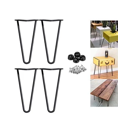 Image of 10 inch Metal Table Legs 25cm Hairpin Leg Black 2 Rod 10mm Mid Century Modern Industrial Style for Coffee Tables Bench Desk DIY Furniture w/Protector Feet &amp; Screws (Set of 4)