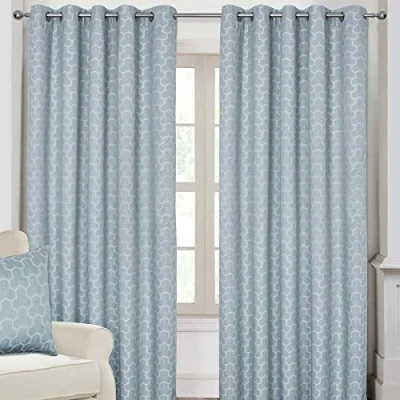 Image of HOMESCAPES Blue Geometric Blackout Curtains Pair Width 228cm (90&quot;) x 137cm (54&quot;) Drop Genuine 3 Pass Lining Heavy Weight Jacquard Eyelet Curtain