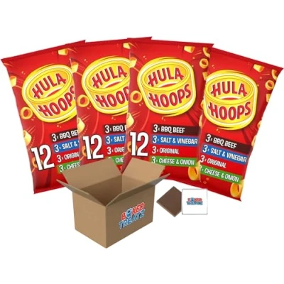 Image of Hula Hoops Variety Multipack Crisps (48x24g) BBQ Beef, Salt &amp; Vinegar, Cheese Onion Original Boxed Treatz