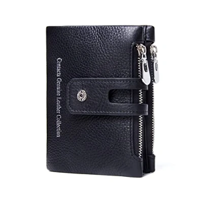 Image of Contacts Mens Short Wallet Genuine Leather Ladies Bifold Double Zipper Crad Coin Pocket Purse (Black)