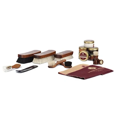 Image of Langer &amp; Messmer 17 piece shoe care set including creams and brushes made of horsehair goat hair the for professional
