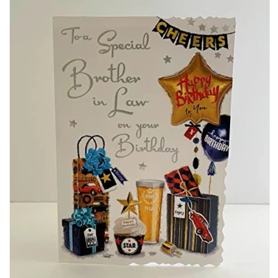 Image of Jonny Javelin Wonderful Brother In Law Birthday Card Balloons Presents Beer Cupcake