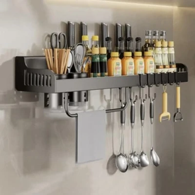 Image of Hovoto Spice Rack Wall Mounted, Kitchen Shelves, Utensil Storage Organizer Shelf, seasoning rack, Hanging Racks With knife slot, 6 hooks, 2 mugs, Towel gray, 50cm