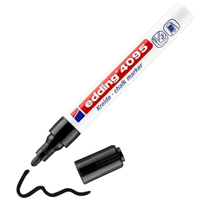 Image of edding 4095 chalk marker black 1 pen round nib 2 3 mm medium wet wipe for chalkboards, windows, glass, mirrors liquid opaque coverage