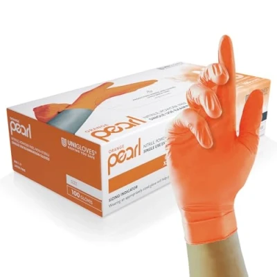 Image of Unigloves Orange Pearl Nitrile Examination Gloves Multipurpose, Powder Free and Latex Disposable Box of 100 Gloves, Orange, Large (GP0134)