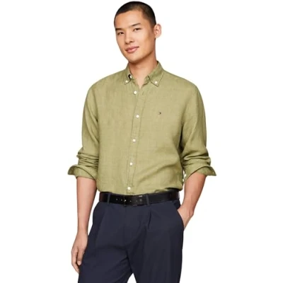 Image of Tommy Hilfiger Men&#039;s Pigment Dyed Li Solid Rf Shirt Mw0mw34602 Casual Shirts, Green (Faded Olive), XS