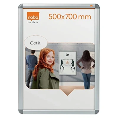 Image of Nobo Poster Frame Sign Holder With Snap Frame, 500 x 700 mm, Wall Mounted, Aluminium Trim, Anti Glare Protective Cover, Premium Plus, Silver, 1902210