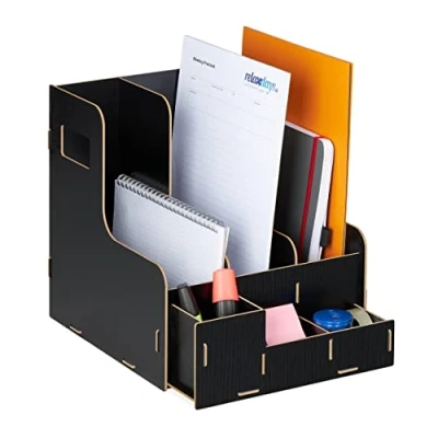 Image of Relaxdays Filing Cabinet for Office, 3 Compartments, DIN A4 Format, MDF Sturdy Organiser, HWD: 27 x 24 31.5 cm, Black, Fibreboard