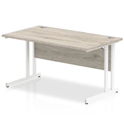Image of Impulse 1400 x 800mm Straight Desk Grey Oak Top White Cantilever Leg
