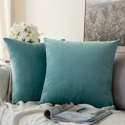 Image of MIULEE Velvet Soft Soild Microfiber Decorative Square Pillow Case Throw Cushion Cover for Sofa Bedroom with Invisible Zipper 16x16 Inch 40x40cm Mint Green Set of 2 Lined
