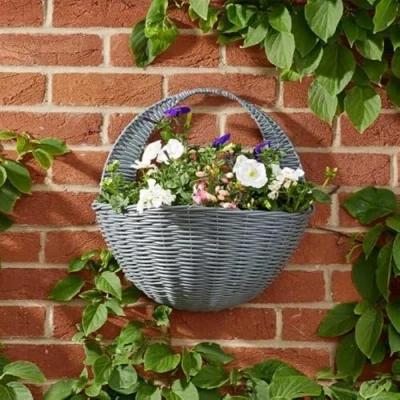Image of Garden Mile 16in Rattan Wall Hanging Basket Outdoor Durable Pre Lined For Decorations, Balcony, Patio Flower Planters Weatherproof (Slate Faux 16in)