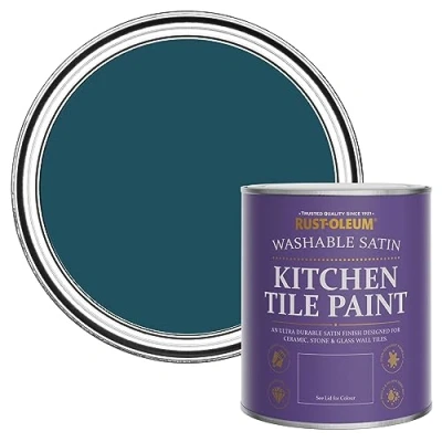 Image of Rust Oleum Blue Water Resistant Kitchen Tile Paint in Satin Finish Commodore 750ml