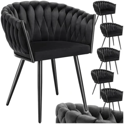 Image of TecTake® Set of 6 Velvet Dining Chairs with Knot Design, Soft &amp; Thick Foam Padding, Sturdy Black Steel Legs Height Adjustable Feet Accent Chair for Room, Kitchen Living Room