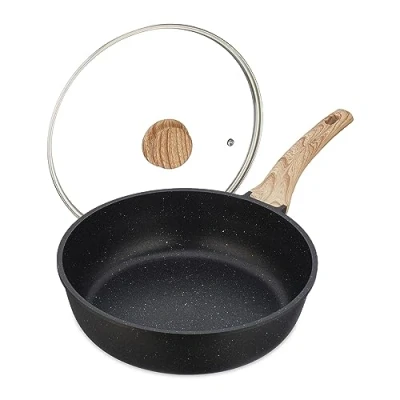 Image of Relaxdays Braising Pan, Ø 28 cm, Glass Lid, Aluminium, Non Stick Coating, Induction, Frying, Handle, Black/Natural, 14 x 48 29.5 cm