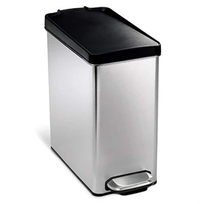 Image of simplehuman CW1180CB 10L Slim Profile Pedal Bin, Small Bin for Bathroom Bedroom Office, Strong Steel Pedal, Inner Bucket, Fingerprint Proof, Brushed with Black Dent Proof Plastic Lid