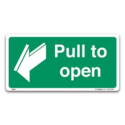 Image of Pack of 2 Pull to open Fire exit Signs, Self adhesive Vinyl Sticker 200x100mm, British Standard Safety Door Signs