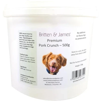 Image of Britten &amp; James Pig Inner Ears Pork Crunch for Dogs in a Stay Fresh 2L Tub (500g). 100% Natural Dog Treat and Healthy Snack