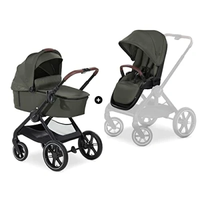 Image of hauck Walk N Care Set, Dark Olive 2 in 1 Pram &amp; Pushchair with Raincover from Birth to 22 kg, Frame Cup Holder, Carrycot Toddler Seat, Height Adjustable, Compact Foldable, UPF 50+, Lie Flat