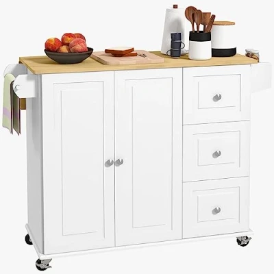 Image of HOMCOM Kitchen Island with Drop Leaf, Rolling Storage Trolley on Wheels 3 Drawers, Spice Rack and Towel Rack, Cart Rubber Wood Top, White
