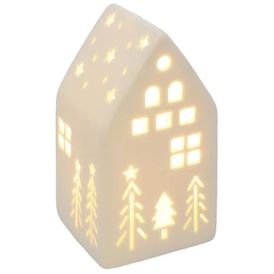 Image of Shudehill Giftware China White Christmas LED Light Up Warm Cosy House with Xmas Trees and Stars Home Decoration Small or Large Sizes (Small Tall)