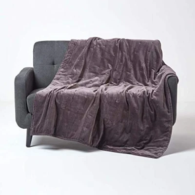 Image of HOMESCAPES Dark Grey Velvet Throw Super Soft Thick Cotton Blanket with Handwoven Embroidered Dots and Quilting Reversible Bedspread Cosy Warm Bed or Sofa Throw, 125 x 150cm