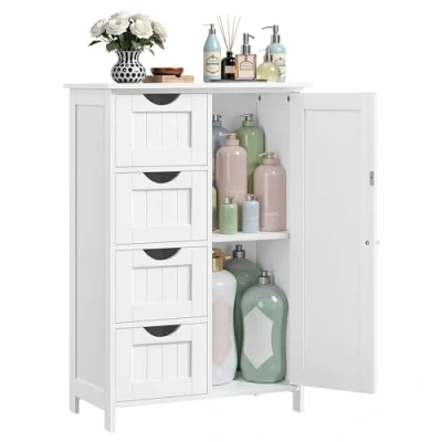 Image of VASAGLE Bathroom Floor Storage Cabinet, Wooden Unit with 4 Drawers, Single Door, Adjustable Shelf, for Living Room, Kitchen, Entryway, White LHC41W