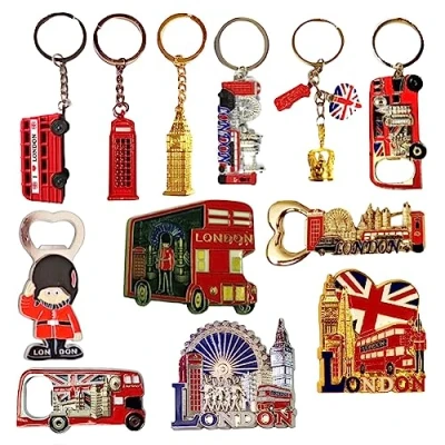 Image of 12 London UK England Famous Icons Mix Bottle Opener Fridge Magnets Keyrings, British Key Chain Union Jack Souvenirs Magnet Souvenir Gift