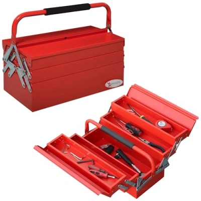 Image of DURHAND Metal Tool Box 3 Tier 5 Tray Professional Portable Storage Cabinet Workshop Cantilever Toolbox with Carry Handle, 45cmx20cmx34.5cm, Red