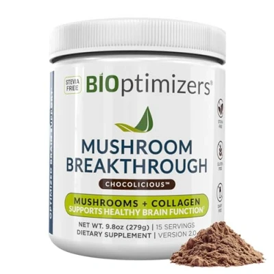 Image of BiOptimizers Chocolicious Mushroom Breakthrough Nootropic Supplement Blended Powder of Mushroom, Collagen &amp; Superfoods: Lion’s Mane, Chaga, Reishi 30 Servings