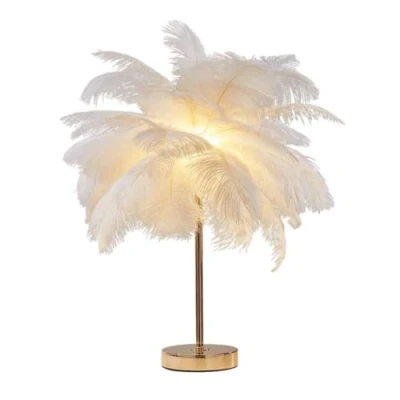 Image of DUNMW Creative White Ostrich Feather Table Lamp Bedside Light Luxury and Elegant Lampshade Night Lighting for Living Room Bedroom Home Decoration