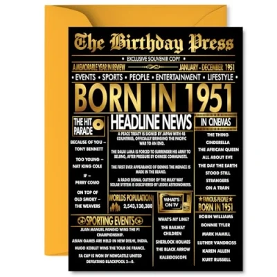 Image of Gold 74th Birthday Card for Men Women Black &amp; Golden Newspaper Born in 1951 Happy 74 Cards Sister Cousin Auntie Dad Nan Nanny, 5x7 Inch Bday Greeting