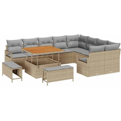 Image of vidaXL 12 Piece Garden Sofa Set with Cushions Beige Poly Rattan Acacia