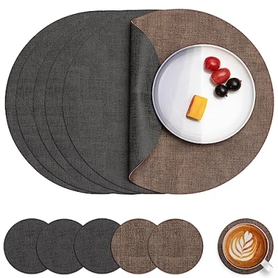 Image of Myir JUN Leather Placemats and Coaster Set of 6, Table Mats Round Waterproof Dual Sided Kitchen Place Coffee Heat Resistant Placemat Non Slip Washable (set Grey Coffee)