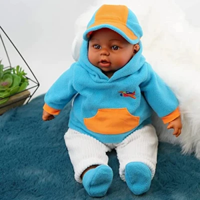 Image of Bibi Doll 18&quot; Lifelike Large Soft Bodied Black Baby With Dummy &amp; Sounds Girls Boys Toy (Ethnic Boy In Blue Hoodie)