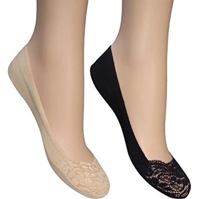 Image of Silky Women&#039;s Non Slip Black &amp; Nude Cotton Lace Toe Footlets with Silicon (2 Pair Pack)