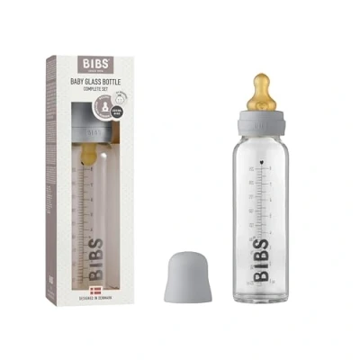 Image of BIBS Baby Glass Bottle. Anti Colic. Round Natural Rubber Latex Nipple. Supports Breastfeeding, 225 ml, Cloud