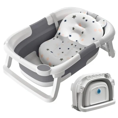 Image of Baby Bath Tub Foldable, Collapsible Newborn Bathtub Essentials with Support and Non Slip Seat Cushion Stand Pad, Folding Infant Baths to Toddler 0 24 Months Portable Travel (Grey)