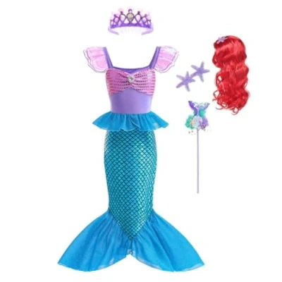 Image of Lito Angels Little Mermaid Princess Fancy Dress Up Costume Birthday Party Outfit with Crown &amp; Wig for Kids Girls Age 7 8 Years, Purple Blue (Tag Number 140)