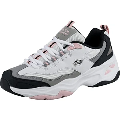 Image of Skechers Women&#039;s D&#039;lites 4.0 Fresh Diva Sneaker,White Leather Mesh Black Pink Trim,5 UK