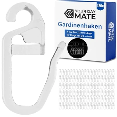 Image of curtain hooks for rings, 120 pack, transparent, with Ø 4 mm eyelet, rings up to thickness, hanging, pleat hook clips